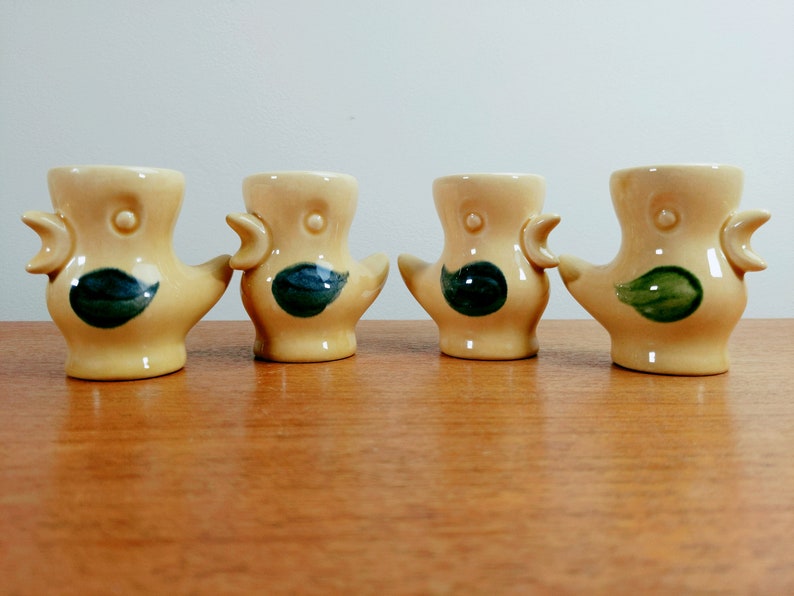 Vintage Ceramic Duck Egg Cups Yellow Birds Blue Wings Green Wings image 1
