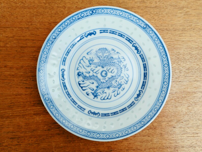 Vintage Chinese Porcelain 3 Dessert Bread Plates 5 Claw Dragon Rice Grain Rice Ware China image 1