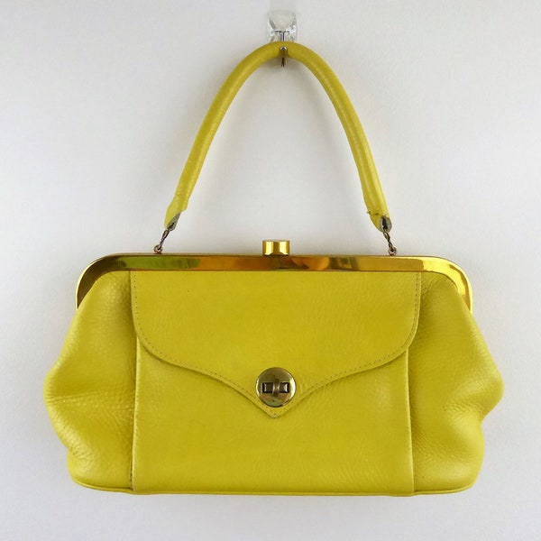 Roger Van Schoyck Yellow Pebbled Leather Handbag | Roger Van S | Linen Interior | Goldtone Closure | Paterson OH Ohio