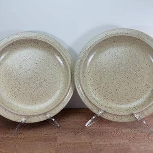 May include: Two speckled beige ceramic plates with a shallow bowl design. The plates have a speckled pattern and are displayed on clear acrylic stands. The plates are round and have a slightly raised rim.