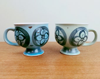 Vintage Stoneware (2) Pedestal Mugs | Flower Blue Green | Japan