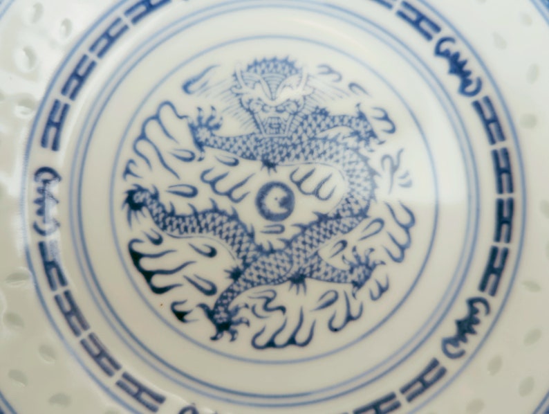 Vintage Chinese Porcelain 3 Dessert Bread Plates 5 Claw Dragon Rice Grain Rice Ware China image 2