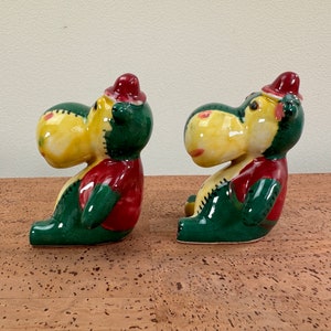 Vintage Ceramic Hippo Salt Pepper Shakers Quilted Patchwork Red Green Yellow image 4