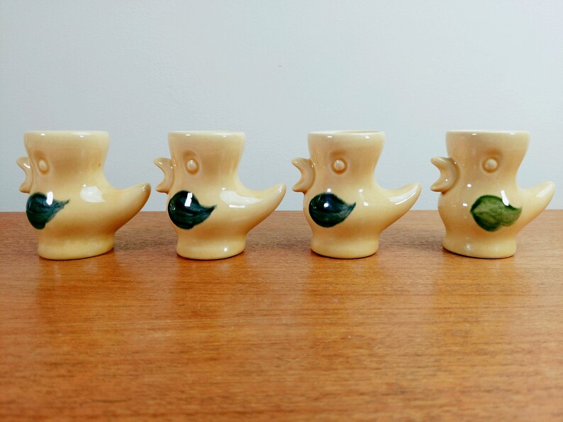 Vintage Ceramic Duck Egg Cups Yellow Birds Blue Wings Green Wings image 2