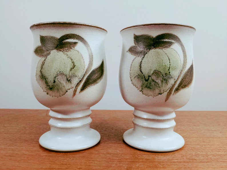 Denby Troubadour 5 1/8 2 Water Goblets VERSION 1 Hand Painted Magnolia Flowers Leaves image 1