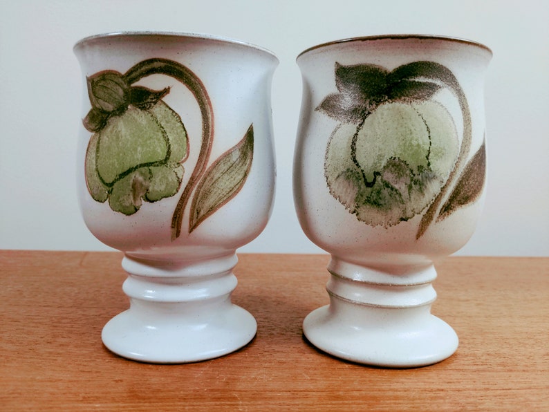 Denby Troubadour 5 1/8 2 Water Goblets VERSION 1 Hand Painted Magnolia Flowers Leaves image 8