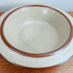 May include: A speckled, off-white ceramic bowl with a wide rim and a brown band around the edge. The bowl has a simple, classic design, suitable for serving food or as a decorative piece. The bowl is sitting on a wooden surface.