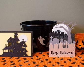 Haunted Card Set Digital Cutting Files - SVG, PDF, Halloween Haunted House, Haunted Graveyard 3D Cards, Cricut, Other Cutting Machine files