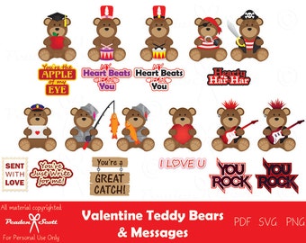 Valentine Teddy Bears and Messages Digital Cutting Files - SVG, PDF, PNG / Printable Clip Art / Cute Bears / Pirate / Fishing / I Love You