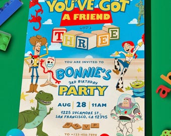 May include: A colorful invitation for Bonnie's 3rd birthday party, featuring characters from a popular animated movie. The design includes the text "YOU'VE GOT A FRIEND" and party details. The invitation is decorated with cartoon characters and a playful font.