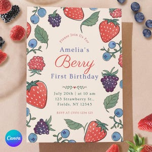 Berry First Birthday Invitation | Editable 1st Birthday Berry Invite | Instant Download Strawberry Party Invite | Printable Girl Birthday