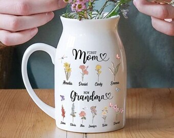 Personalized Happy Mother's Day Birth Month Flower Garden Vase with Grandkids Name, Mothers Day Gifts, Fathers Day Gifts