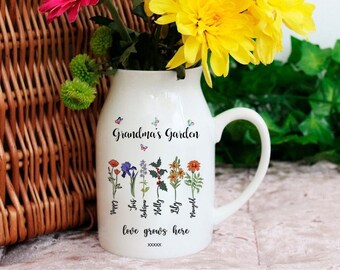 Personalized Grandma's Garden Vase, Grandkids Name and Birth Month Flower, Mothers Day Gifts, Fathers Day Gifts, Custom Flowers Vase