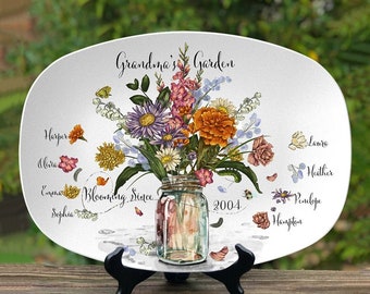 Personalized Grandma's Garden Birth Flower Platter With Grandchildren Name For Mother's Day Gift, Father's Day Gift, Gift for Mom, Grandma