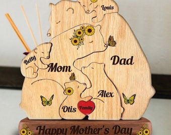 Custom Engraved Wooden Bears Family Sunflower Puzzle, Family Puzzle with Engraved Stand Keepsake Home Decor for Mother's Day Gift