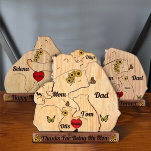 Custom Engraved Wooden Bears Family Sunflower Puzzle, Family Puzzle with Engraved Stand Keepsake Home Decor for Mother's Day Gift image 3