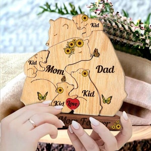 Custom Engraved Wooden Bears Family Sunflower Puzzle, Family Puzzle with Engraved Stand Keepsake Home Decor for Mother's Day Gift image 2