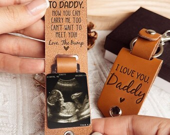 Can't Wait To Meet You From The Bump, Personalized Leather Photo Keychain, Ultrasound Baby Keychain, Gift for New Dad, Mom, Unique Photo