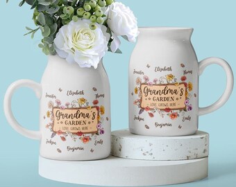 Personalized Grandma's Garden Love Grows Here Vase, Grandkids Name and Birth Month Flower, House Warming Gift For Mom, Grandma