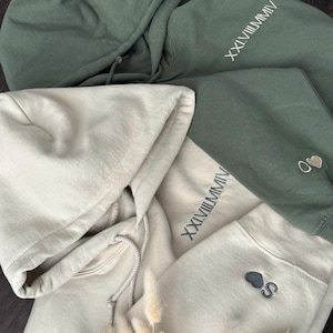 Custom Embroidered Roman Numeral Hoodie, Couple Shirt Initial On Sleeve, Anniversary Year, Personalized Date Hoodie, Valentine&#39;s Day Gift
