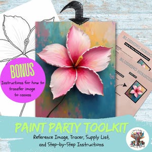 Puede incluir: Un kit de herramientas para fiestas de pintura con una vibrante pintura de flor de hibisco rosa. Incluye una imagen de referencia, un trazador, una lista de suministros e instrucciones paso a paso. También se incluyen instrucciones adicionales para transferir la imagen al lienzo.