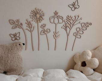 Blumen, Holzblumen, Kinderzimmerdeko, Holzschmetterlinge, Mädchenzimmer, Mädchenzimmer Holzdeko, Holzwiesenblumen, Kinderzimmerdeko, Kinderzimmer