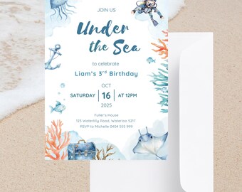 Under the Sea Birthday Invitation Template Boys Birthday Invite Under the Sea Editable Template Ages 2 - 10yrs Ocean Themed Birthday Party