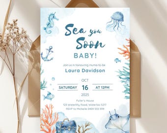 Szablon zaproszenia na baby shower z motywem podmorskim, zaproszenie na baby shower z motywem marynistycznym, baby shower w stylu błękitnego oceanu