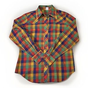 Vintage 70s Wrangler Womens Plaid Western Shirt Sz Medium Disco Collar Rainbow