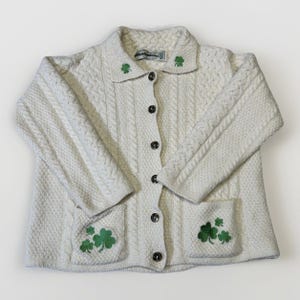 Aran Crafts Ireland Wool Cardigan Sweater Shamrock Cream M Made in Ireland