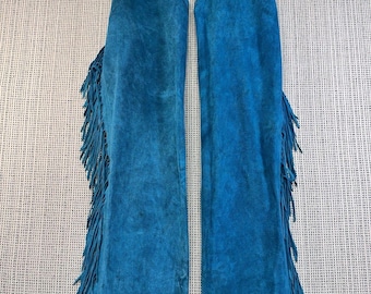 Vintage Turquoise Suede Leather Fringe Cowboy Chaps Western Rodeo Festival