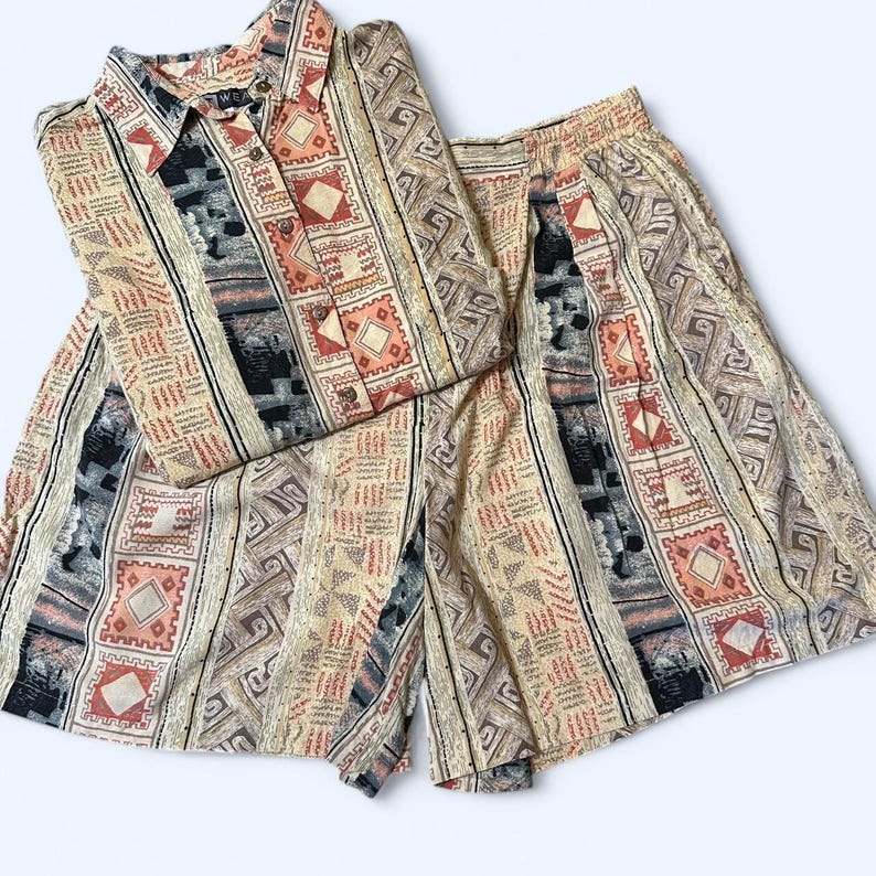 Vintage Rayon Co-Ord Set - Shirt & Shorts - SoftWear - Size L/XL image 1