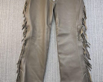 Vintage Leather Western Cowboy Chaps Fringe Tooled Concho Rodeo Tan 28-30" Waist