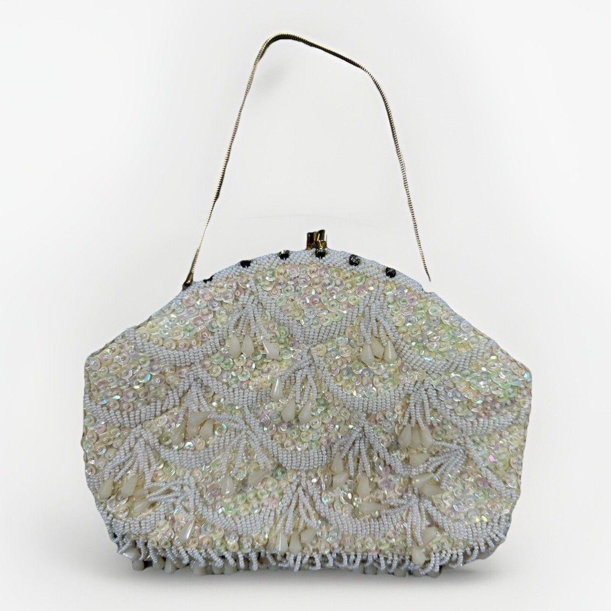 VTG Beaded Evening Purse Ivory Sequin Clutch Bag Hong Kong 50s 60s