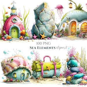 Puede incluir: Una ilustración digital caprichosa con varios elementos marinos. La imagen incluye casas coloridas con forma de conchas y criaturas marinas, una gran roca y el texto "100 PNG Sea Elements clipart". La paleta de colores es vibrante, con rosas, azules y verdes.