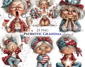 May include: A collection of digital illustrations featuring cartoon grandmothers in patriotic attire. The images showcase grandmas with glasses, holding items like wine glasses, flags, and star-shaped objects. The color palette includes red, white, and blue.