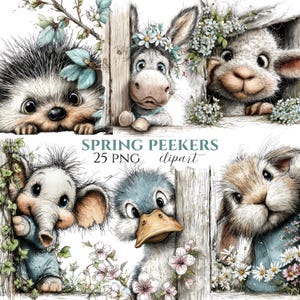 Może przedstawiać: Zestaw clipartów akwarelowych przedstawiający sześć uroczych wiosennych zwierząt wyglądających zza drewnianego płotu. Zwierzęta to jeż, osioł, jagnię, słoń, kaczka i królik. Widoczny jest również tekst "SPRING PEEKERS 25 PNG clipart".