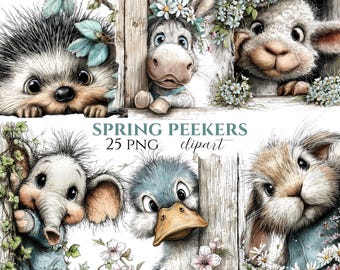 Spring Animal Clipart | Peeking Cow, Cat, Dog PNG Digital (25 PNG)