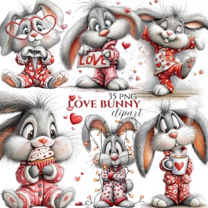 Puede incluir: Una colección de imágenes prediseñadas de conejitos de dibujos animados. Los conejitos son grises con orejas y narices rosas, vistiendo pijamas rojos y blancos con estampado de corazones. Algunos conejitos sostienen letreros que dicen "LOVE" o una taza de café. También se ve el texto "LOVE BUNNY clipart".