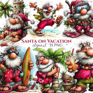 Può includere: Una collezione di illustrazioni di cartoni animati con Babbo Natale in vacanza. Babbo Natale è raffigurato in vari contesti balneari, con occhiali da sole, costumi da bagno e che tiene una tavola da surf, una bevanda e un'attrezzatura subacquea. È visibile anche il testo "SANTA ON VACATION clipart 35 PNG".
