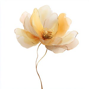 以下が含まれることがあります： 水彩画風の繊細な花。淡い黄色とクリーム色の花びらは金色の縁取り。花の中心部は細かく、細く曲がった茎があります。エレガントで芸術的なデザインで、花のテーマの装飾に最適です。
