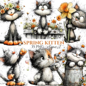 Watercolor Kitten Clipart | Floral Spring Cat PNG Bundle (35 PNG)