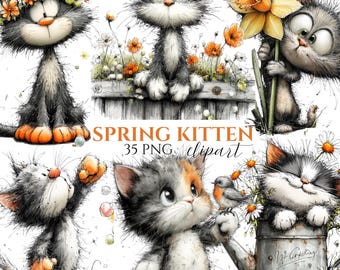 Watercolor Kitten Clipart | Floral Spring Cat PNG Bundle (35 PNG)