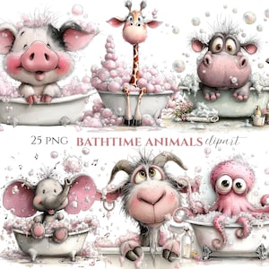 以下が含まれることがあります： お風呂の時間を楽しむ漫画の動物たちの気まぐれなクリップアートのコレクション。画像には、豚、キリン、カバ、象、ヤギ、タコが含まれており、すべてピンクの泡で満たされた浴槽に入っています。テキストは「25 PNG BATHTIME ANIMALS clipart」と表示されています。