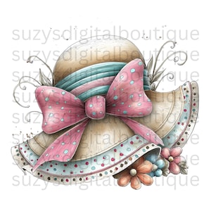Puede incluir: Ilustraci&oacute;n en acuarela de un sombrero para el sol con un gran lazo rosa con lunares. El sombrero presenta una corona marr&oacute;n claro, una banda a rayas azules y rosas y un ala con borde punteado. Flores y follaje decorativos en la base del sombrero.