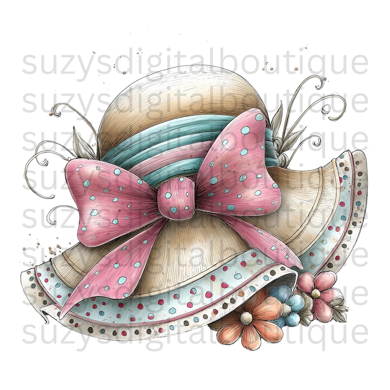 Puede incluir: Ilustraci&oacute;n en acuarela de un sombrero para el sol con un gran lazo rosa con lunares. El sombrero presenta una corona marr&oacute;n claro, una banda a rayas azules y rosas y un ala con borde punteado. Flores y follaje decorativos en la base del sombrero.