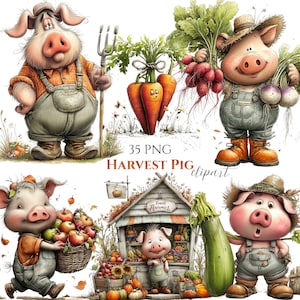 May include: A digital illustration featuring several cartoon pigs in overalls, each holding or near harvest items like carrots, radishes, apples, and pumpkins. The text "35 PNG HARVEST PIG clipart" is also present. The pigs are depicted in a whimsical, watercolor style.