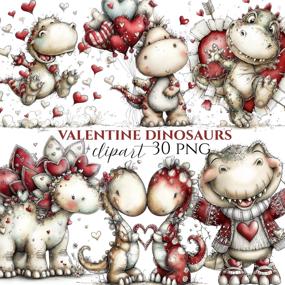 Valentine Dinosaur Clipart Bundle, Cute Action Dinos Bursting Hearts ...