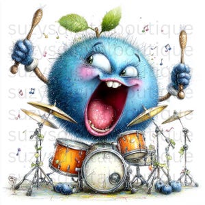 May include: A whimsical illustration of a blue, furry creature with a wide open mouth, playing a drum set. The creature has green eyes, pink cheeks, and is holding drumsticks. Musical notes float around the creature and the drum set.