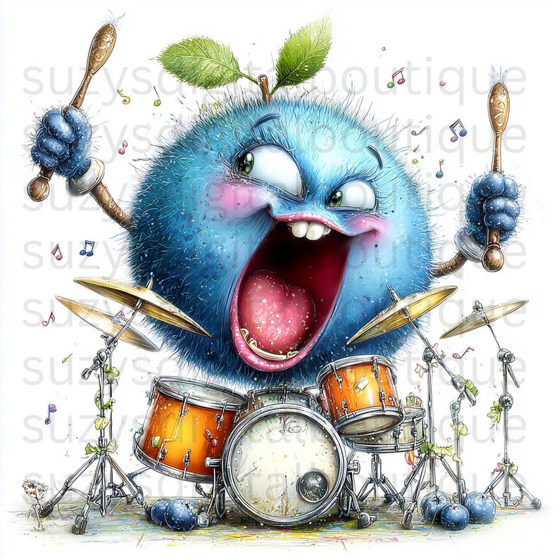 May include: A whimsical illustration of a blue, furry creature with a wide open mouth, playing a drum set. The creature has green eyes, pink cheeks, and is holding drumsticks. Musical notes float around the creature and the drum set.